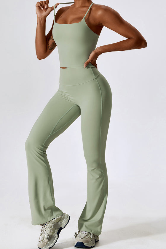 PACK2611632-P1209-1, Laurel Green Crisscross Backless Workout Tank and Flare Leggings Set