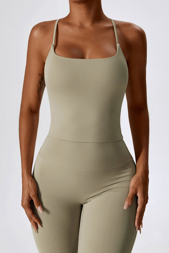 PACK2611632-P5016-1, Pale Khaki Crisscross Backless Workout Tank and Flare Leggings Set