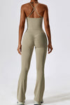 PACK2611632-P5016-1, Pale Khaki Crisscross Backless Workout Tank and Flare Leggings Set