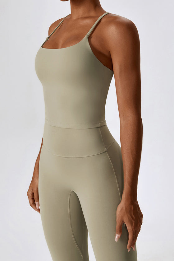 PACK2611632-P5016-1, Pale Khaki Crisscross Backless Workout Tank and Flare Leggings Set
