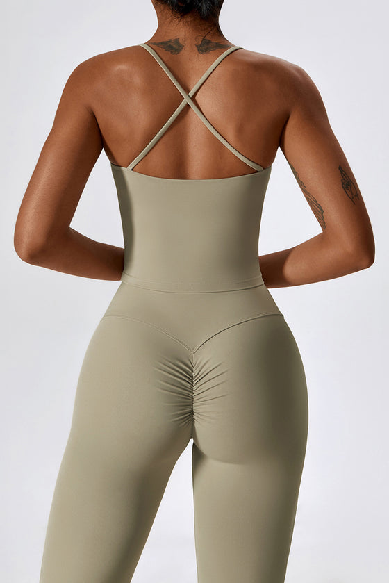 PACK2611632-P5016-1, Pale Khaki Crisscross Backless Workout Tank and Flare Leggings Set