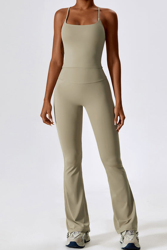 PACK2611632-P5016-1, Pale Khaki Crisscross Backless Workout Tank and Flare Leggings Set