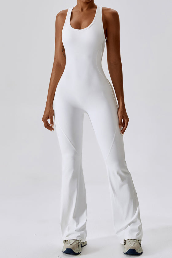 PACK262261-P1-1, White U Neck Backless Flare Sports Jumpsuit