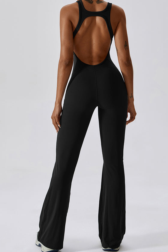 PACK262261-P2-1, Black U Neck Backless Flare Sports Jumpsuit