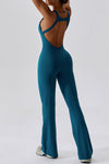 PACK262261-P505-1, Prussian Blue U Neck Backless Flare Sports Jumpsuit