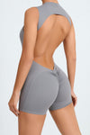 PACK2631192-P11-1, Gray Solid Color Sleeveless Backless Active Yoga Romper