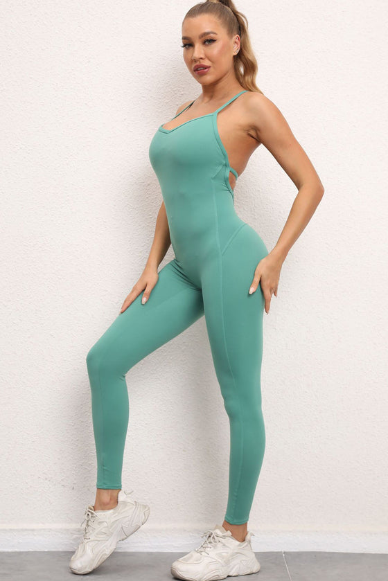 PACK2631193-P1009-1, Mint Green Solid Color Strappy Criss Cross Back Skinny Yoga Jumpsuit