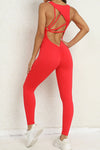 PACK2631195-P3-1, Fiery Red Sleeveless Front Cut out V Neck Yoga Jumpsuit