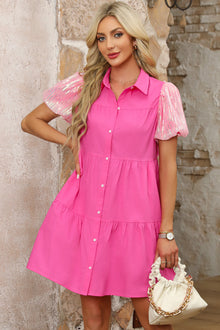  PACK6118945-P3010-1, Bonbon Sequined Bubble Sleeve Tiered Ruffled Shirt Dress
