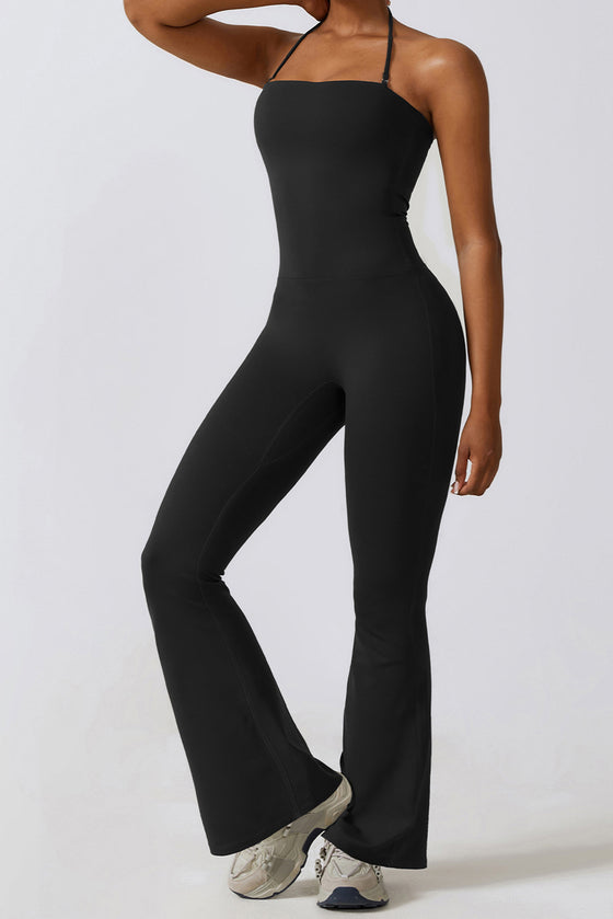 PACK262262-P2-1, Black Halter Flared Yoga Jumpsuit