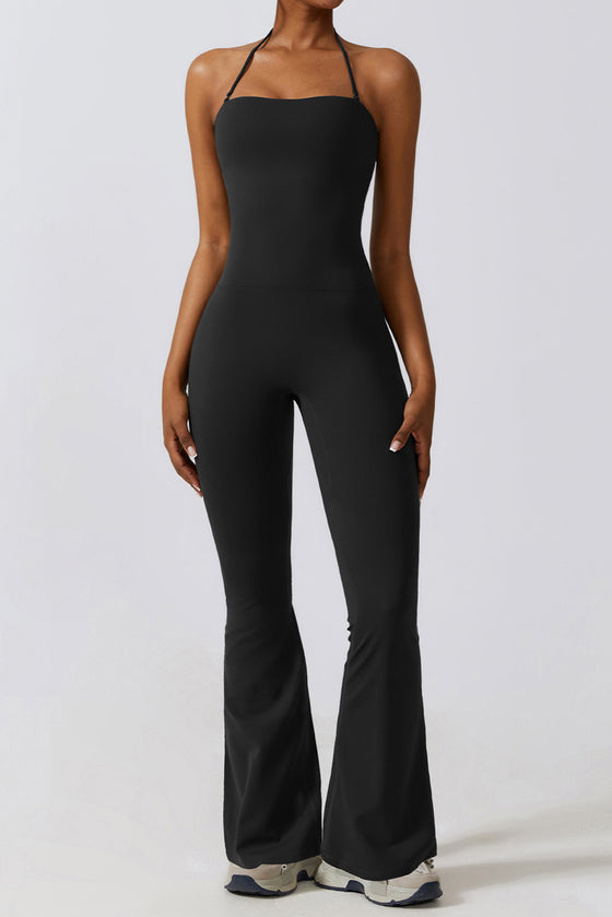 PACK262262-P2-1, Black Halter Flared Yoga Jumpsuit