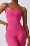 PACK262262-P6-1, Rose Red Halter Flared Yoga Jumpsuit