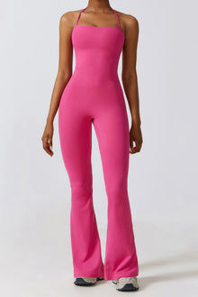  PACK262262-P6-1, Rose Red Halter Flared Yoga Jumpsuit