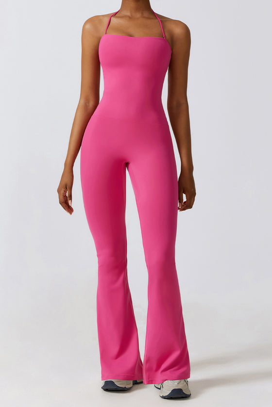 PACK262262-P6-1, Rose Red Halter Flared Yoga Jumpsuit
