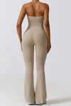 PACK262262-P7016-1, Smoke Gray Halter Flared Yoga Jumpsuit