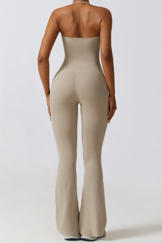 PACK262262-P7016-1, Smoke Gray Halter Flared Yoga Jumpsuit