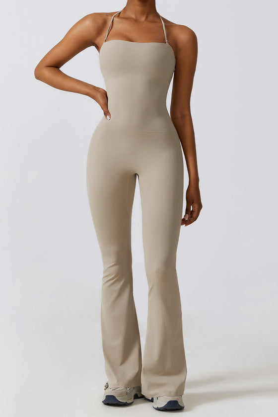 PACK262262-P7016-1, Smoke Gray Halter Flared Yoga Jumpsuit
