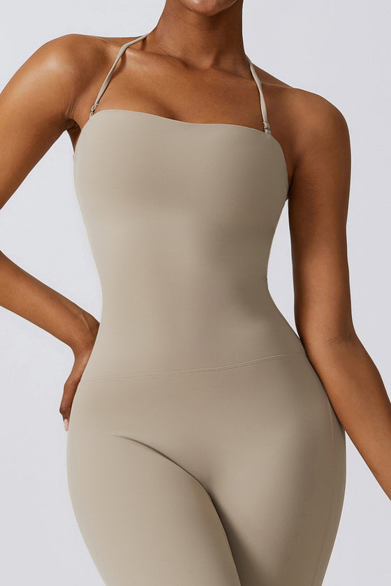 PACK262262-P7016-1, Smoke Gray Halter Flared Yoga Jumpsuit