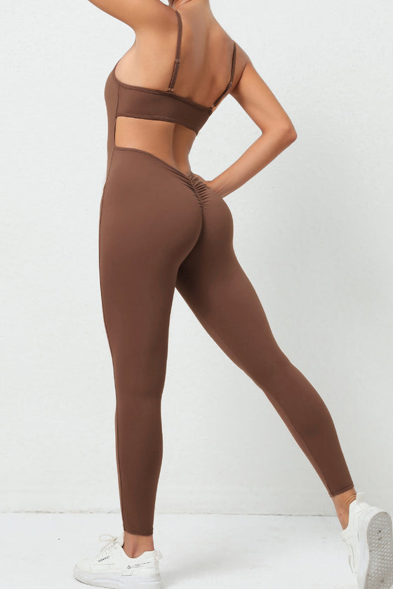 PACK2631200-P1017-1, Coffee Cut Out Backless Skinny Fit Active Jumpsuit