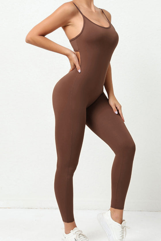 PACK2631200-P1017-1, Coffee Cut Out Backless Skinny Fit Active Jumpsuit