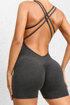 PACK2631198-P2-1, Black Solid Ruched Criss Cross Backless Workout Romper