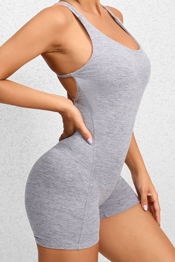 PACK2631198-P1011-1, Light Grey Solid Ruched Criss Cross Backless Workout Romper