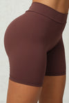 PACK265542-P1017-1, Coffee Solid Ruched Butt Lifting High Waist Sports Shorts