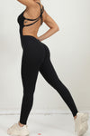 PACK2631196-P2-1, Black Solid Criss Cross Backless Active Jumpsuit