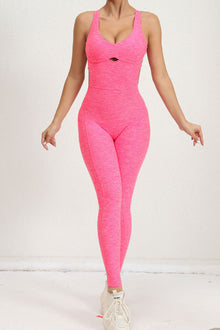  PACK2631196-P3010-1, Bonbon Solid Criss Cross Backless Active Jumpsuit