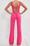 PACK2631199-P6-1, Rose Red Solid Cut Out Backless Wide Leg Yoga Jumpsuit