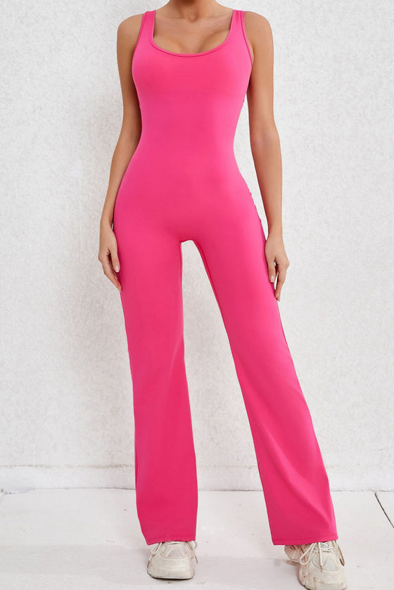 PACK2631199-P6-1, Rose Red Solid Cut Out Backless Wide Leg Yoga Jumpsuit