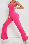 PACK2631199-P6-1, Rose Red Solid Cut Out Backless Wide Leg Yoga Jumpsuit