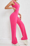 PACK2631199-P6-1, Rose Red Solid Cut Out Backless Wide Leg Yoga Jumpsuit