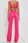 PACK2631199-P6-1, Rose Red Solid Cut Out Backless Wide Leg Yoga Jumpsuit