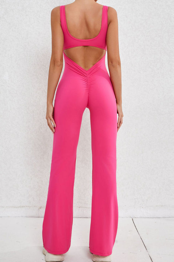 PACK2631199-P6-1, Rose Red Solid Cut Out Backless Wide Leg Yoga Jumpsuit