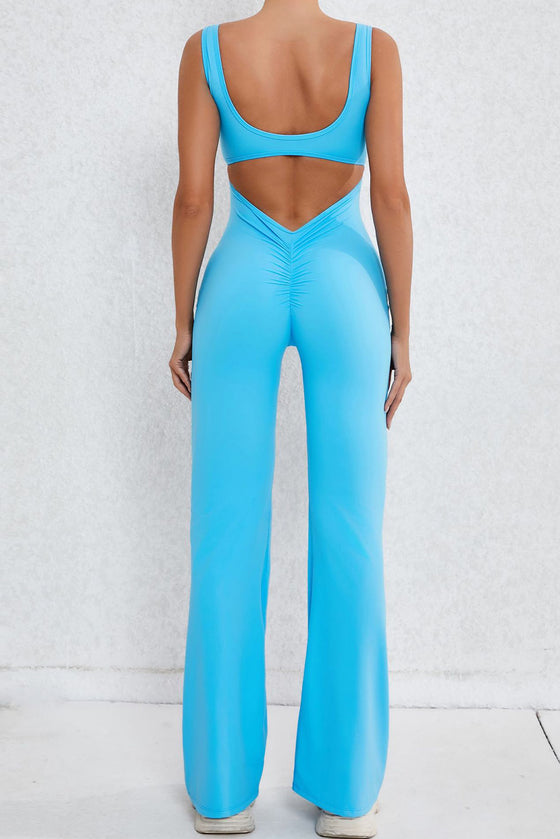 PACK2631199-P205-1, Sky Blue Solid Cut Out Backless Wide Leg Yoga Jumpsuit