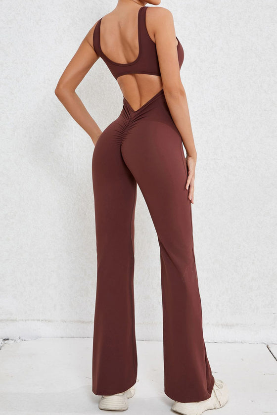 PACK2631199-P1017-1, Coffee Solid Cut Out Backless Wide Leg Yoga Jumpsuit