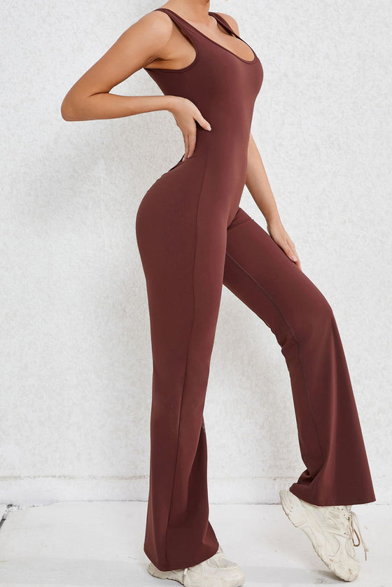 PACK2631199-P1017-1, Coffee Solid Cut Out Backless Wide Leg Yoga Jumpsuit