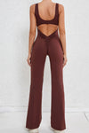 PACK2631199-P1017-1, Coffee Solid Cut Out Backless Wide Leg Yoga Jumpsuit