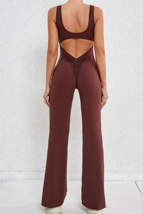 PACK2631199-P1017-1, Coffee Solid Cut Out Backless Wide Leg Yoga Jumpsuit