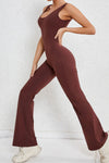 PACK2631199-P1017-1, Coffee Solid Cut Out Backless Wide Leg Yoga Jumpsuit