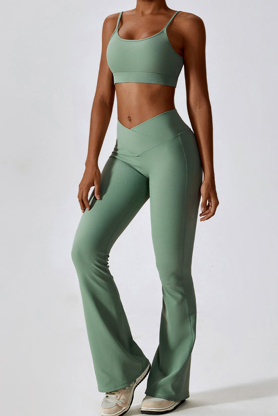 PACK2611633-P1109-1, Grass Green Active Bra and Arched Flare Pants Workout Set