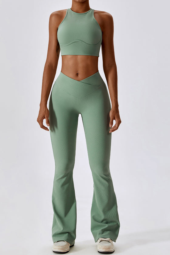 PACK2611635-P1109-1, Grass Green Active Push up Bra and Arched Flare Pants Workout Set