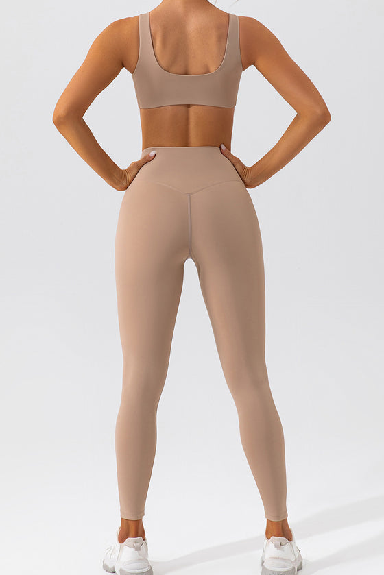 PACK2611637-P4016-1, Light French Beige Solid Color Active Bra and High Waist Leggings Workout Set