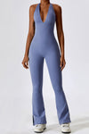 PACK262263-P304-1, Sky Blue Halter V Neck Open Back Split Flared Leg Yogo Jumpsuit