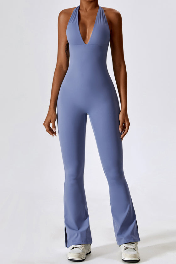 PACK262263-P304-1, Sky Blue Halter V Neck Open Back Split Flared Leg Yogo Jumpsuit