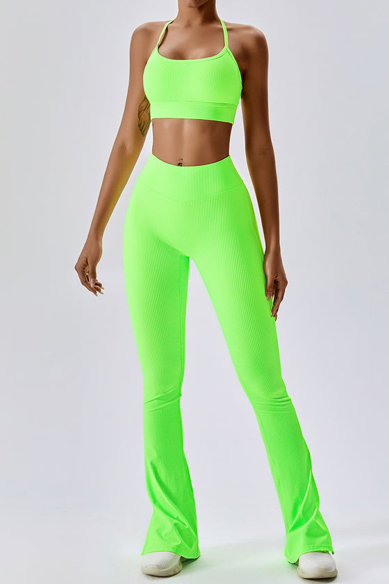 PACK2611642-P809-1, Light Green T-back Yoga Bra Gym Split Leg Pants Set