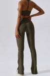 PACK2611642-P1609-1, Moss Green T-back Yoga Bra Gym Split Leg Pants Set