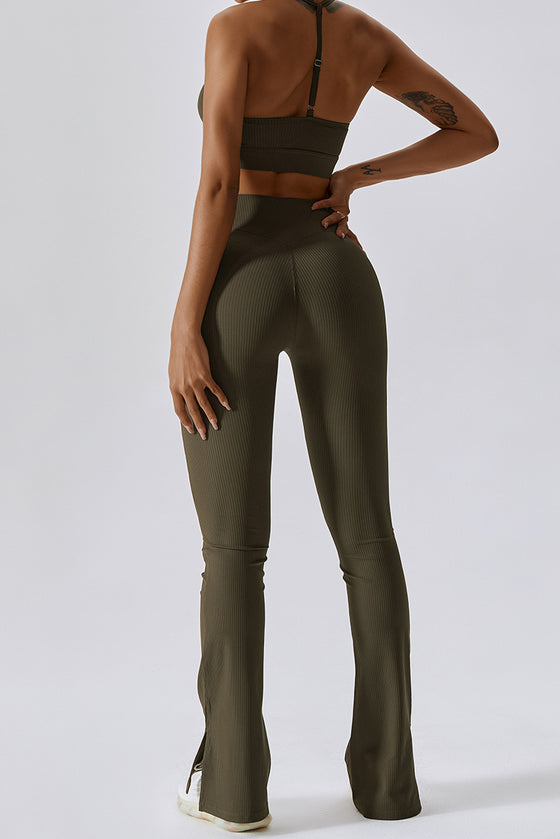 PACK2611642-P1609-1, Moss Green T-back Yoga Bra Gym Split Leg Pants Set