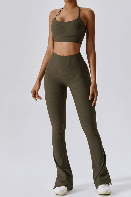 PACK2611642-P1609-1, Moss Green T-back Yoga Bra Gym Split Leg Pants Set